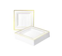 MATANA 20 Assiettes à Dessert Carrées Blanches en Plastique avec Bordure Dorée, 16,5cm - Petites Assiettes Solides et Réutilisables pour Mariages, Anniversaires, Fêtes