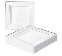 MATANA 20 Assiettes Carrées en Plastique Blanches avec Bord Argenté, 24cm - Solides et Réutilisables - pour Anniversaires, Mariages, Baptêmes, Noël, Fêtes