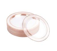 MATANA 20 Assiettes en Plastique Rigide Élégantes & Réutilisables avec Bordure en Or Rose (26cm) - Assiettes Or Solides pour Mariages, Anniversaires, Baptêmes, Pâques, Fêtes