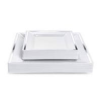 MATANA 40 Assiettes Carrées en Plastique Blanches avec Bord Argenté pour Mariages, Anniversaires, Baptêmes, Noël & Fêtes (2 Tailles, 20 x 24cm, 20 x 16,5cm) - Solide & Réutilisable