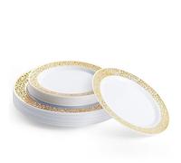 MATANA 40 Assiettes en Plastique Réutilisables Blanches Premium avec Bord Doré (20 Assiettes Plates, 20 Assiettes à Dessert) - Solide et Élégant pour Mariages, Anniversaires, Fêtes