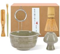 Matcha Kit Artisanal, Set Matcha 6 Pièces avec Fouet Matcha en Bambou, Bol Matcha avec Bec Verseur, Support pour Fouet, Tamis Filtrant, 2 Cuillères, Cadeau de la Nature pour Les Amateurs de Matcha