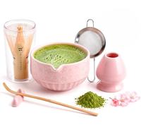 Matcha Set Céramique - Kit Matcha Complet avec Bol, Fouet en Bambou, Cuillère, Tamis, Repose-Cuillère, Support à Fouet, Tissu + Manuel - Kit Traditionnel de Cérémonie du Thé Japonais