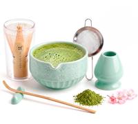 Matcha Set Céramique - Kit Matcha Complet avec Bol, Fouet en Bambou, Cuillère, Tamis, Repose-Cuillère, Support à Fouet, Tissu + Manuel - Kit Traditionnel de Cérémonie du Thé Japonais