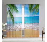 Mateju Rideau Voilage，Voilage Fenetre 3D Motif Bord mer，Rideau Salon Moderne Lot de 2 Semi-Transparent Intérieurs Décoration pour Cuisine Chambre (mer,132 x 160 cm)