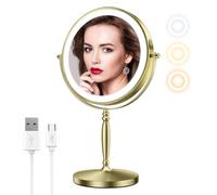 Matekxy Miroir de maquillage lumineux 20,3 cm avec grossissement - Miroir de bureau x1/10 LED rechargeables 3 couleurs laiton doré