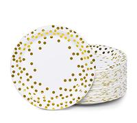 MATICAN Lot de 100 assiettes en carton jetables blanches et dorées, à pois en aluminium, 22,9 cm