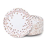 MATICAN Lot de 100 assiettes jetables en papier, 22,9 cm, blanc et or rose avec pois en feuille métallique