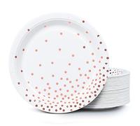 MATICAN Lot de 100 assiettes jetables en papier - Blanc et or rose avec pois en feuille métallisée, 22,9 cm