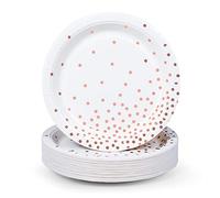 MATICAN Lot de 50 assiettes jetables en papier - Élégantes pois blancs et or rose en feuille, 22,86 cm