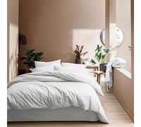 MATT & ROSE Parure de lit Coton LAVÉ Unie avec taies à Volant 100% Coton | Blanc | Housse de couette 260x240 cm + 2 taies d'oreiller 65x65 cm | Fermeture boutons | Certification Oeko-Tex
