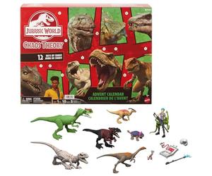 Mattel Jurassic World Calendrier de l’Avent Exclusif La Théorie du Chaos avec 12 Portes, 12 Jours de Surprises, Smoothie et 8 Autres Figurines Dinosaures, Figurine Brooklynn, JGM17