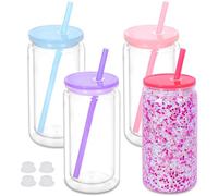 Maucircol Lot de 4 gobelets en plastique transparent à double paroi pré-percée pour boule à neige pailletée - 473 ml - Avec couvercle coloré