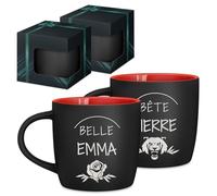 Maverton 2x Tasse Personnalisable, Set 2x Mug personnalisé | Cadeau Personnalisé Anniversaire Mariage, Couple Couple Saint Valentin, Tasse a cafe rouge avec prénom, belle et bête