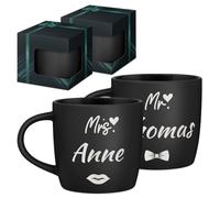 Maverton 2x Tasse Personnalisable, Set 2x Mug personnalisé | Cadeau Personnalisé Anniversaire Mariage, Couple Couple Saint Valentin, Tasse a cafe noire avec prénom, M. et Mme