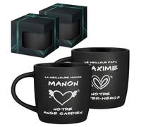 Maverton 2x Tasse Personnalisable, Set 2x Mug personnalisé | Cadeau Personnalisé Anniversaire Mariage, Couple Couple Saint Valentin, Tasse a cafe noire avec prénom, ange et héros