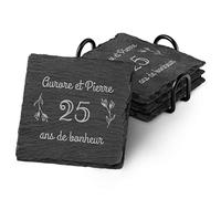 Maverton 4x Dessous de verre personnalisé, sous-verres carrés en ardoise | Avec support en métal noir, souvenir pour couples, pour parents, noces, anniversaire, mariage, Bonheur