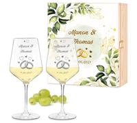 Maverton Cadeau Mariage Personnalisé - 2 Verres à Vin 490 ml avec Gravure pour Elle et Lui et Coffret en Bois - Cadeau Personnalisé pour Couples - Noel - Verre Couple Jeunes Mariés