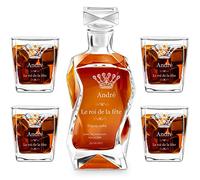 Maverton Décanteur gravé avec 2/4 / 6 verres à Whisky, Ensemble de Carafe avec verres, Whiskey Decanter, Cadeau pour chaque homme - avec personnalisation - Roi
