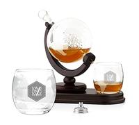 Maverton Ensemble de Carafe Globe avec 2 verres gravés à whisky - Whiskey Set avec motif de planète - Cadeau d’anniversaire pour les femmes - Décanteur et 2 verres - Monogramme