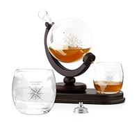 Maverton Ensemble de Carafe Globe avec 2 verres gravés à whisky - Whiskey Set pour amis - Cadeau d’anniversaire pour les couples - Décanteur et 2 verres pour parents - Rose des vents