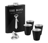 Maverton Flasque en Acier Inoxydable pour lui - Portable Flasque avec gravure - Set avec 4 verres à shot en acier - Pour hommes - Flacon personnalisé pour anniversaire - The boss