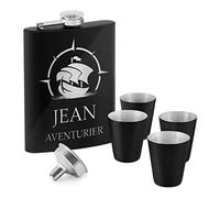 Maverton Flasque personnalisée de 200 ml pour lui - Portable Flasque pour voyageur - Set avec 4 verres à shot - Idee Cadeau Homme - Cadeau Anniversaire Homme - Pour ami - Aventurier