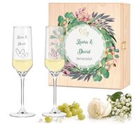 Maverton Flûtes à Champagne 200ml avec Boite Personnalisable - 2x Flute Champagne Verre Personnalisé avec Coffret en bois - Cadeau Couple Personnalisé - Cadeau Mariage Original - laurier