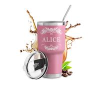 Maverton Mug Isotherme Personnalisable Rose en Acier Inoxydable 800 ml - Gobelet Isotherme avec Paille et Boîte Cadeau - avec brosse de nettoyage - Cadeau Femme Anniversaire Prénom