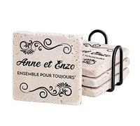 Maverton Set de 4 Dessous de Verres personnalisés, sous-verres en Ardoise | Décoratifs avec Support en métal, Motif pour Couple, pour Parents, Mariage, Noces, Anniversaire, Ensemble