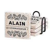 Maverton Set de 4 Dessous de Verres personnalisés, sous-Verres en Ardoise | Ensemble de 4 Dessous de Verre avec Support en métal Noir, Set pour Homme, pour Anniversaire, pour Papa/Papy, Houblon