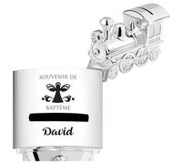 Maverton Tirelire Personnalisable en Métal Argenté pour garçon - Tirelire Enfant Épargne en Forme de Locomotive pour pièces et Billets - Cadeau Anniversaire Fille - Noël - Souvenir de baptême