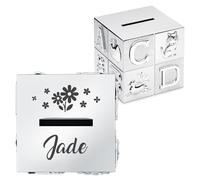 Maverton Tirelire Personnalisée en Forme de Cube - Tirelire pour Enfants avec Animaux et Lettres - Boite d'épargne Argentée avec Gravure - Cadeau d’Anniversaire pour Filles Garçons Bébé - prénom