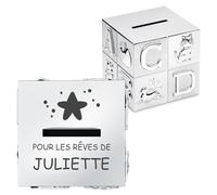 Maverton Tirelire Personnalisée en Forme de Cube - Tirelire pour Enfants avec Animaux et Lettres - Boite d'épargne Argentée avec Gravure - Cadeau d’Anniversaire pour Filles Garçons Bébé - pour Fille