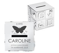Maverton Tirelire Personnalisée en Forme de Cube - Tirelire pour Enfants avec Animaux et Lettres - Boite d'épargne Argentée avec Gravure - Cadeau d’Anniversaire pour Filles Garçons Bébé - Papillon