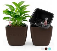mawmuaw 2 Pezzi Vaso Autoirrigante per Piante 12,5×11cm Marrone | Vaso in Plastica, con Riserva d'Acqua e Indicatore del Livello, Vaso da Interno, per Erbe Aromatiche, Fiori e Piante