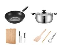 Maxcook Set de cuisine 8 pièces: wok, marmite, planche à découper, couteau, baguettes, spatule en bois, couteau d’office, couteau à fruits