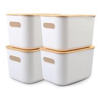 MaxEarn Lot de 4 boîtes de rangement en plastique de 7 l avec couvercle, boîtes de rangement empilables avec poignées, polyvalentes, blanches, pour salle de bain, cuisine, bureau, salon