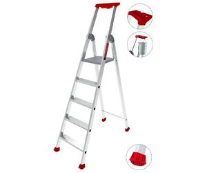 MaxiBat Escabeau pliant aluminium 8 marches argent/rouge avec plateforme supérieure