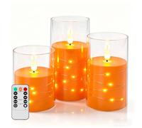 Maxspace Lot de 3 bougies LED sans flamme avec guirlande lumineuse, en acrylique, flamme vacillante, alimentées par piles avec télécommande, pour décoration d'intérieur (orange)