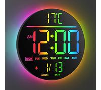 Horloge murale numérique avec télécommande, horloge ronde de 10 pouces, 8 couleurs RVB, affichage LED moderne, luminosité automatique, heure d'été, température, réveil pour le salon, la chambre à couc