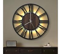 Maxstar Horloge Murale 50CM pour Salon sur Pile, Silencieuse sans Tic-Tac, Style Bois Métal, LED Moderne Chambre/Bureau (Chiffres Romains, Noir-20)