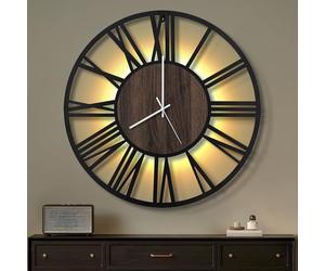 Maxstar Horloge Murale 60CM pour Salon sur Pile, Silencieuse sans Tic-Tac, Style Bois Métal, LED Moderne Chambre/Bureau (Chiffres Romains, Noir-24)