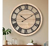 Maxstar Horloge Murale Vintage Silencieuse 76 cm, Horloge Murale Bois avec Cadre Métallique, Fonctionne à Piles, Idéale pour Salon, Chambre ou Cuisine, avec Chiffres Romains
