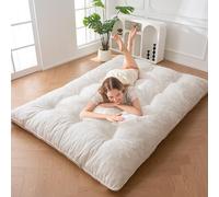 MAXYOYO Matelas Futon 2 Places Épais 15CM Garnissage en Mousse Déchiquetée, Tissu Chenille avec Boutonné Design, Enroulable Matelas de Sol/Futon Pliable Pratique (Cadre Non Inclus)