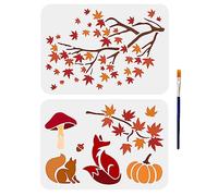 MAYJOYDIY 2 Pochoirs de peinture d'automne de feuille d'érable Pochoir champignon renard écureuil citrouille avec 1 pinceau 30 x 22 cm Réutilisable Décoration d'automne Bricolage Artisanat