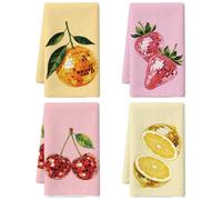 MAYJOYDIY 4 pcs Torchons de Cuisine Disco Fruits 66x45cm Orange Fraise Torchon à Vaisselle Tranche de Citron Cerise Torchon de Vaisselle à Séchage Rapide pour Salle de Bain Cadeau de Crémaillère