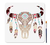 MAYJOYDIY Pochoir Crâne de Vache Boho Pochoirs Crâne de Taureau 30x30cm Tête de Taureau à Plumes Modèles en Plastique Réutilisables avec Pinceau pour Artisanat Sur Fenêtre Bois Mur Décoration de DIY