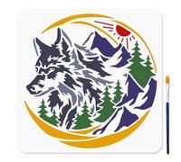 MAYJOYDIY Pochoir Loup Montagne Forêt 30 × 30cm Soleil Nature Paysage Pochoir avec Pinceau Thème Animal Réutilisable Modèle en Plastique pour Peinture Sur Bois Fenêtre Tissu Décoration Intérieure