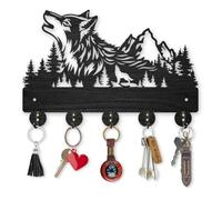 MAYJOYDIY Porte Clés Mural en Bois en forme de loup montagnes forêt 30 × 20 cm support mural autocollant pour clés mural noir, 5 crochets en alliage pour entrée, salon, camping-car, cadeau